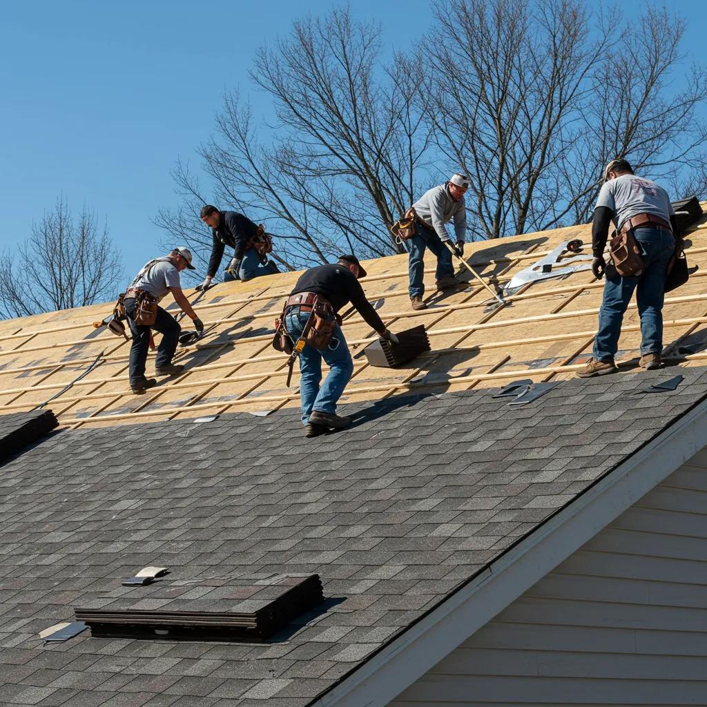 Professional roofing team working on a residential roof in Pickerington, showcasing quality materials and teamwork